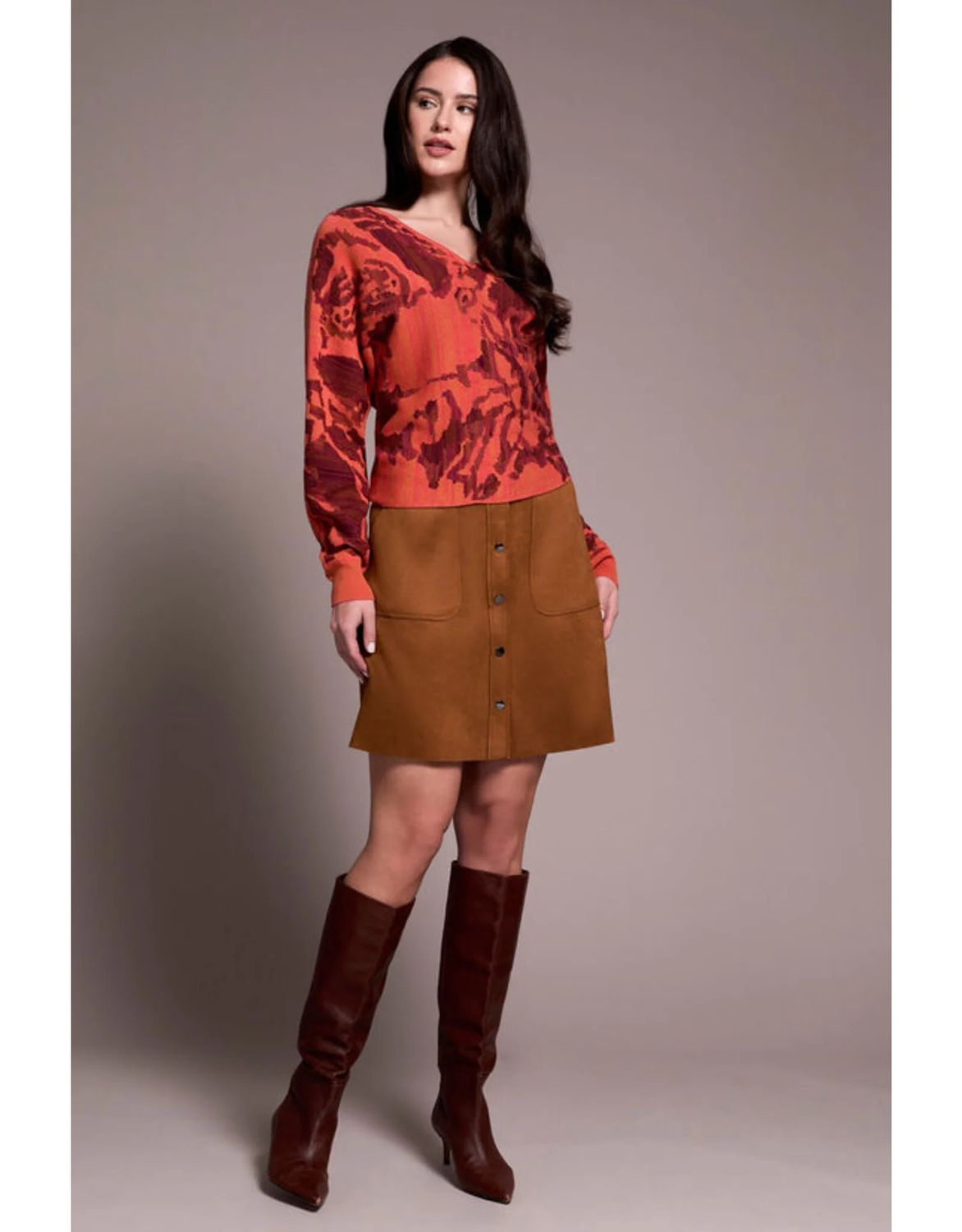 TRIBAL Wear Two Ways Jacquard Sweater, Color: M Coral Blaze, Size: XS
