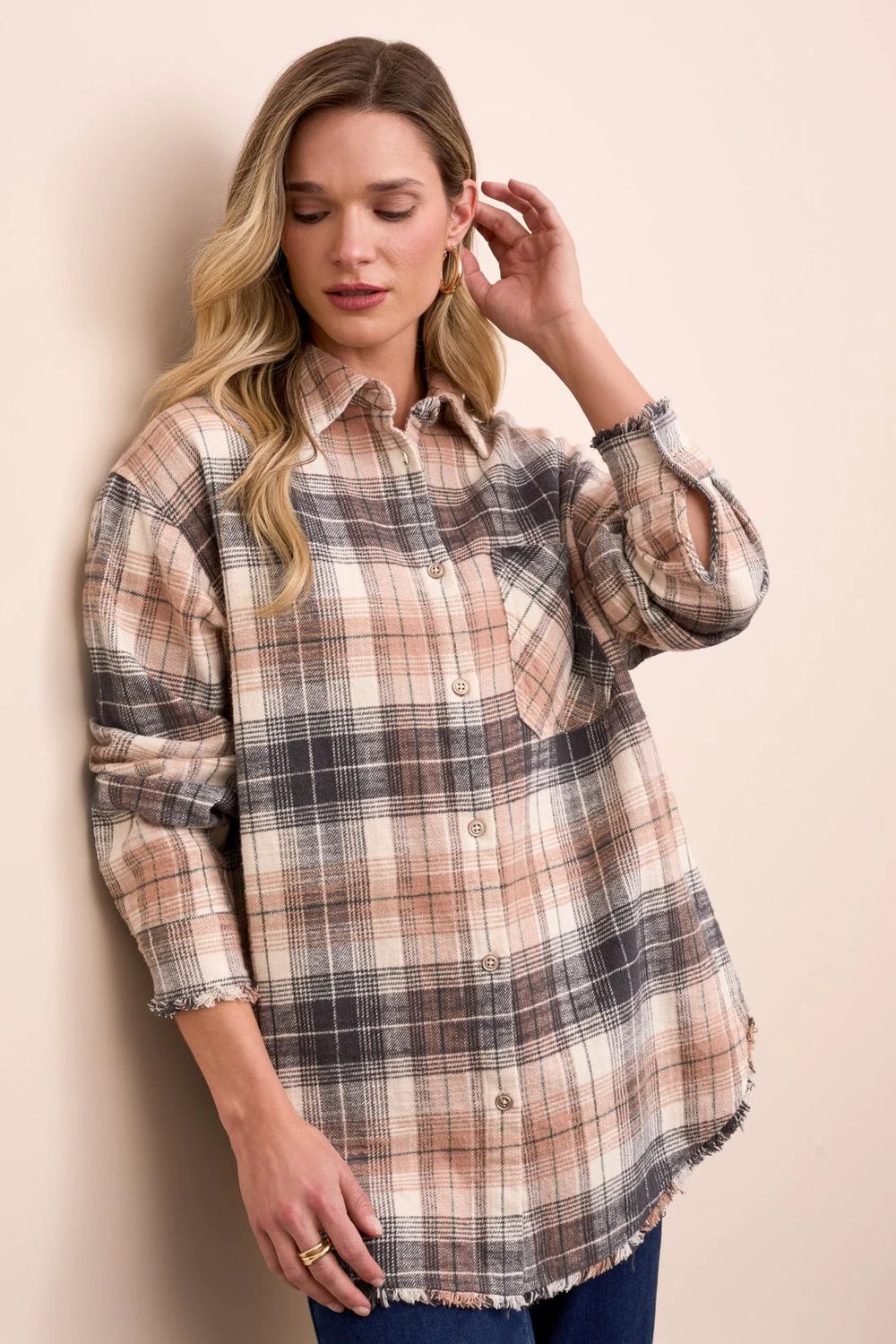 TRIBAL Plaid Shirt w/Fringe Hem, Color: Nordic Stone, Size: XS