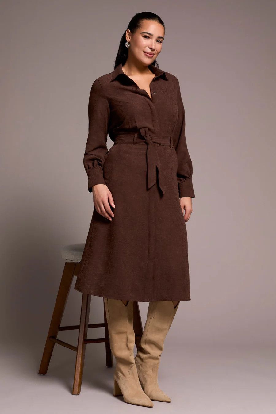 TRIBAL Long Sleeve Shirt Dress, Color: Cocoa, Size: XS