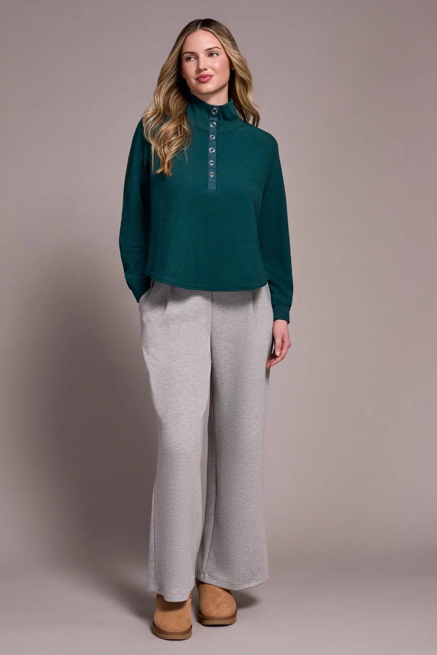 TRIBAL Henley Top w/Rib Combo, Color: Silver Pine, Size: XS