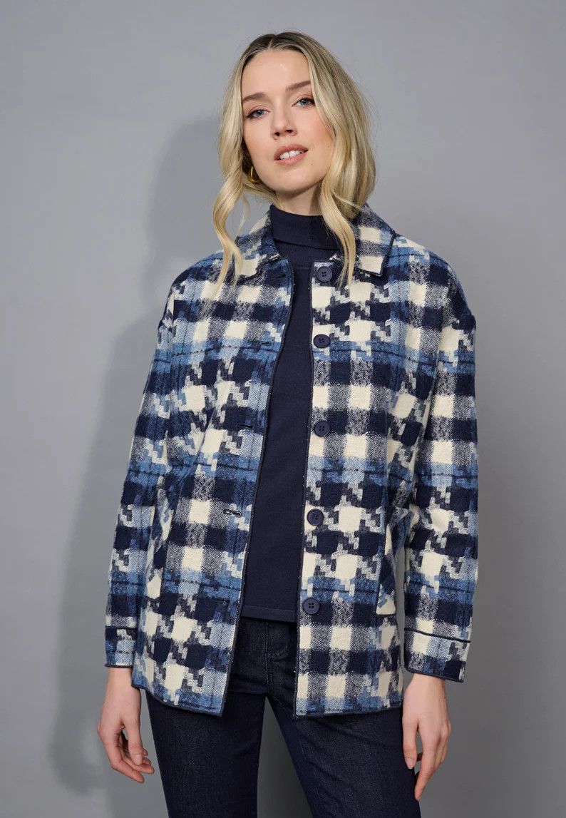 PICADILLY Short Plaid Jacket, Color: Slate Blue, Size: XS