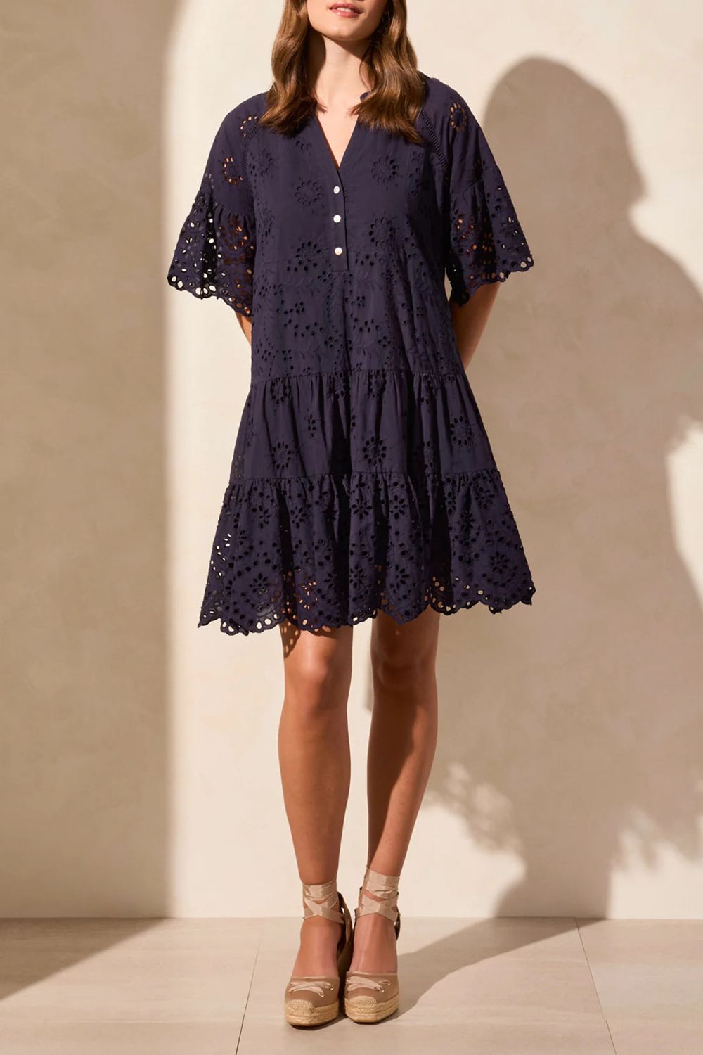 TRIBAL Mixed Pattern Eyelet Dress, Color: Nautical, Size: XS