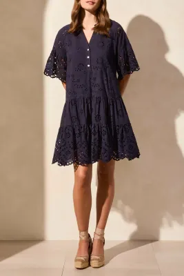 TRIBAL Mixed Pattern Eyelet Dress