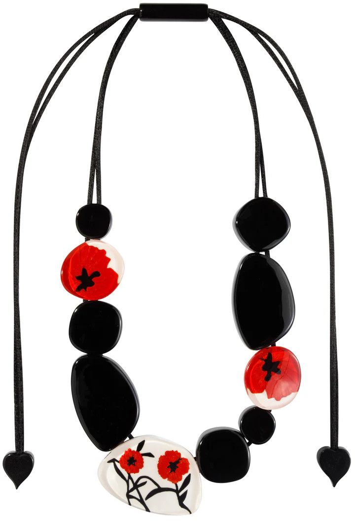 ZSISKA Poppy On Resin Disks Beads w/ Adjustable Cord, Color: Red/Black