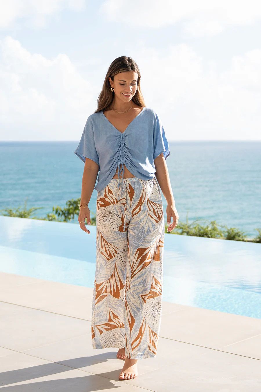 TRIBAL Drawstring Wide Leg Pant, Color: Cayman, Size: XS