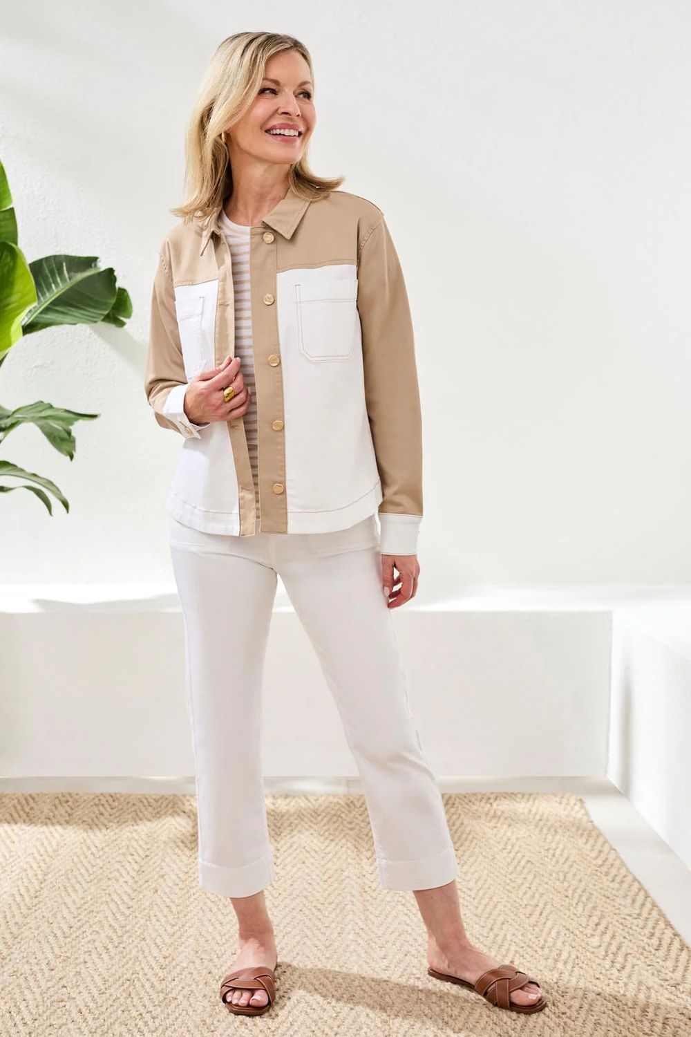 TRIBAL Comfort Stretch Color Block Denim Jacket, Color: Beach, Size: XS