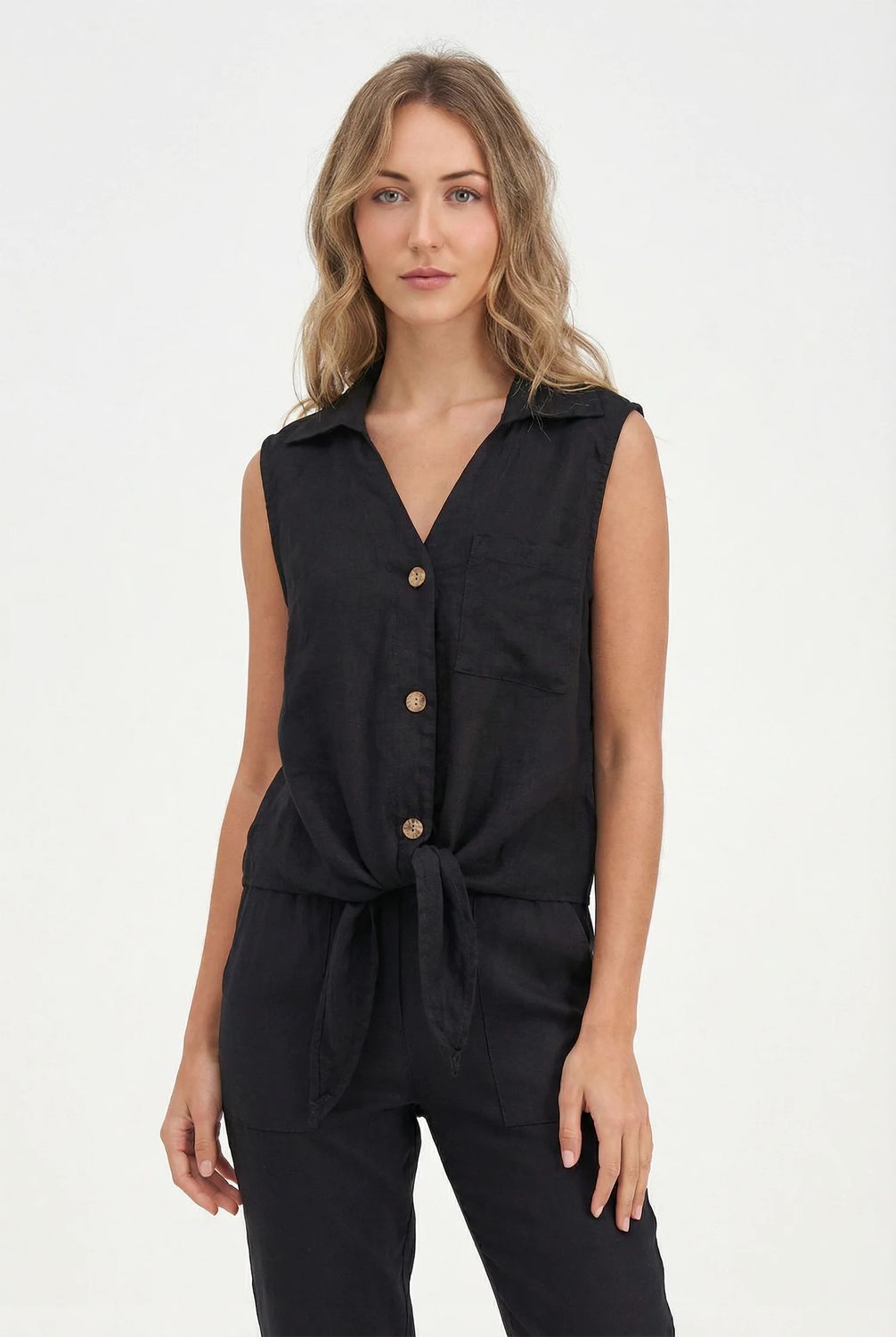 M-ITALY Collard Tank w/Tie Detail, Color: Black, Size: XS