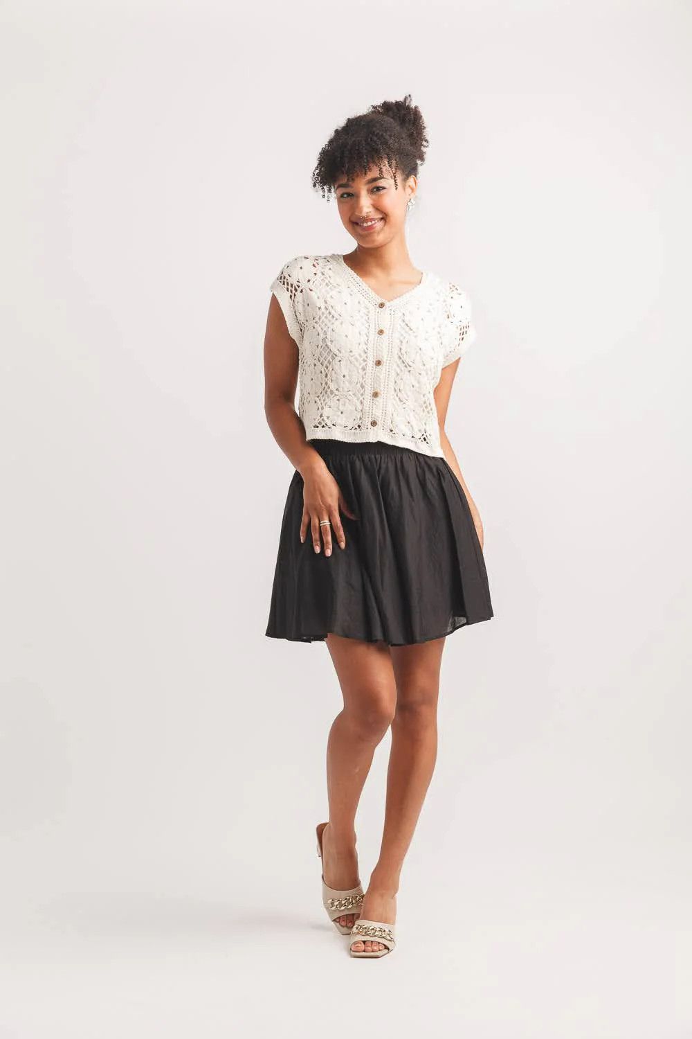 PAPILLON Crochet Button Front Top, Color: Beige, Size: S/M