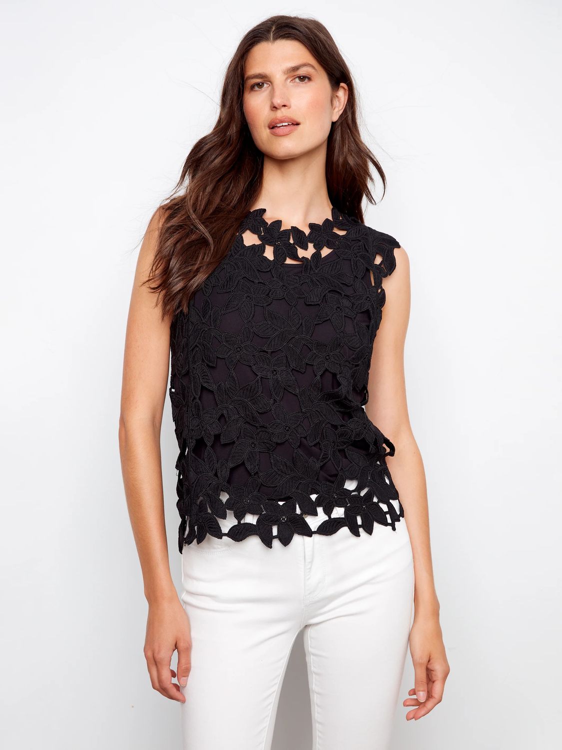 CHARLIE B Cap Sleeve  Lace Top, Color: Black, Size: XS
