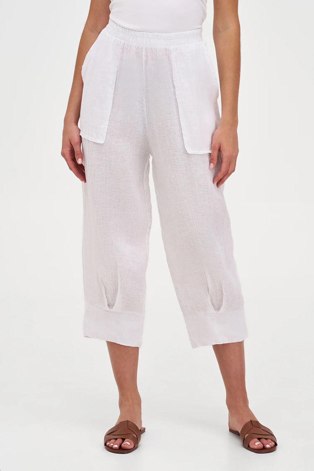 M-ITALY Crop Linen Pant, Color: White, Size: XS