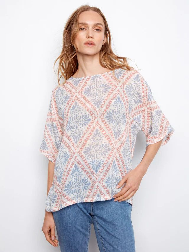 CHARLIE B Lightweight 3/4 Sleeve Top, Color: Trellis, Size: XS