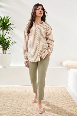 TRIBAL Poplin Double Striped Roll Up Sleeve Blouse