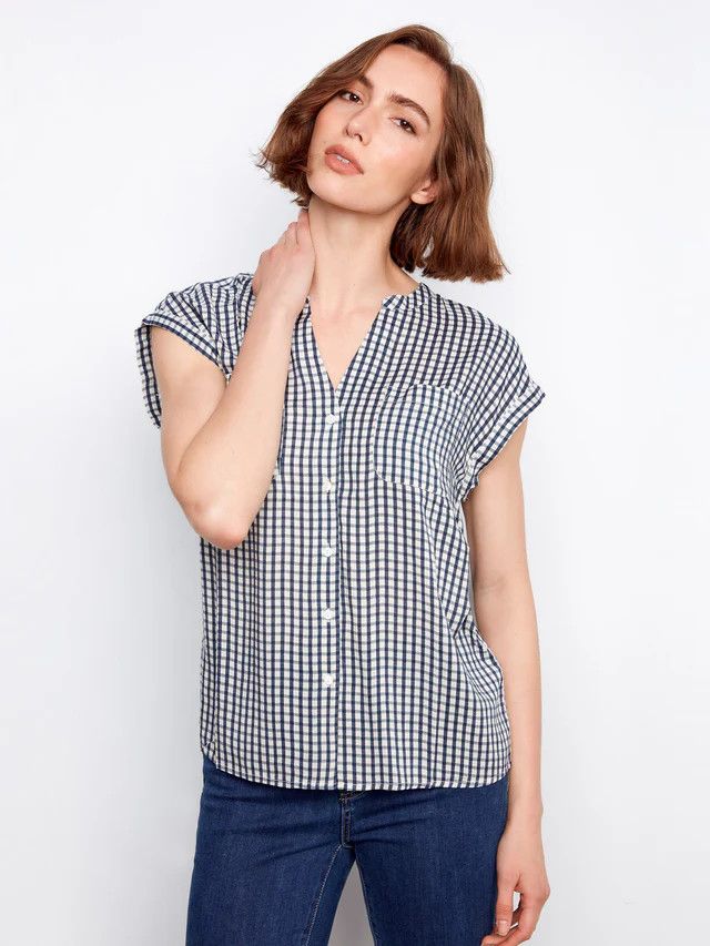 CHARLIE B Printed Gignam Shirt, Color: Navy, Size: XS
