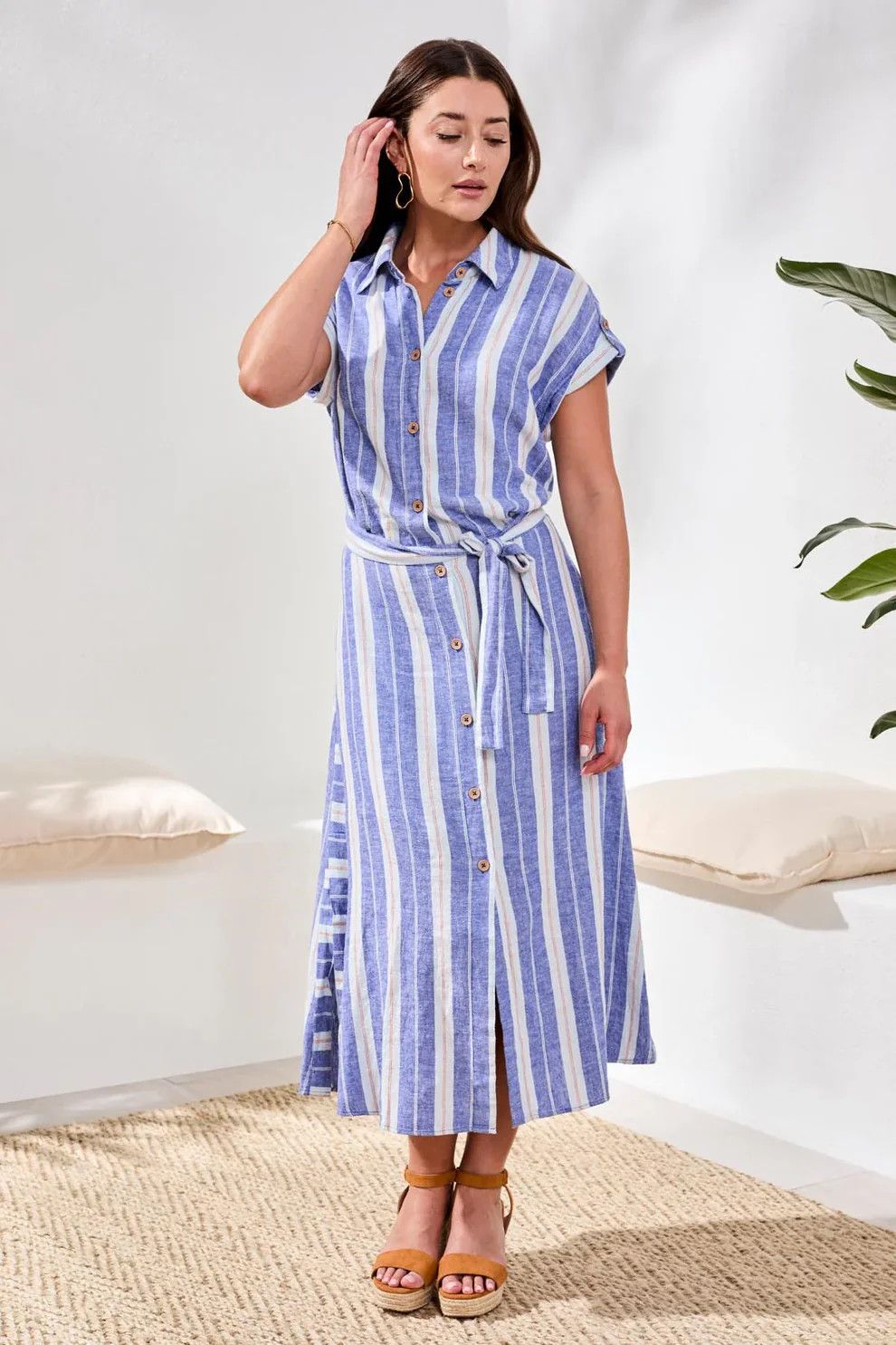 TRIBAL Short Sleeve Dress w/Side Detail &amp; Waist Pleat, Color: Marina, Size: XS