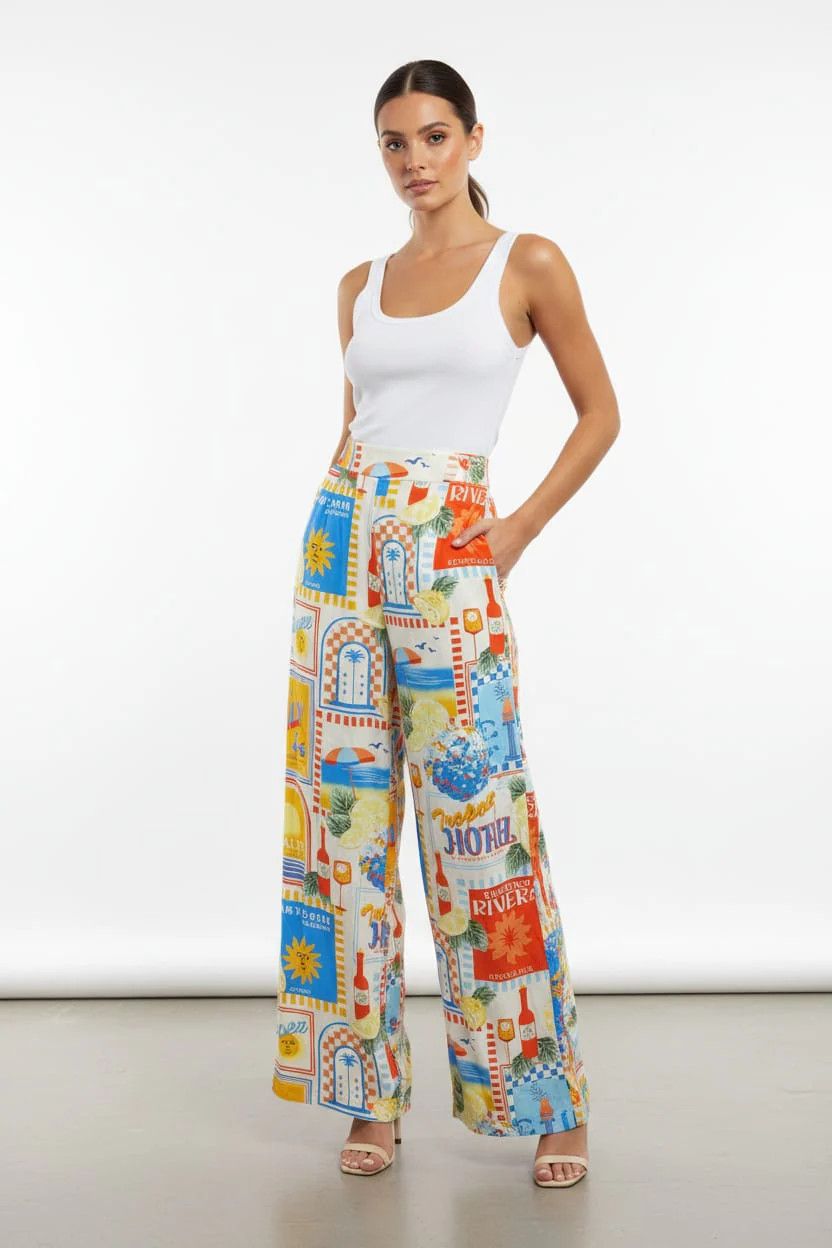 PAPILLON Postcard Print Wide Leg Pants, Color: Blue, Size: XS