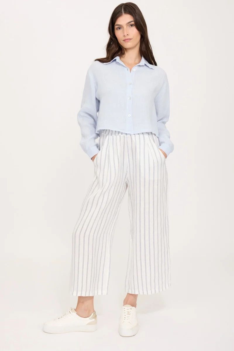 PISTACHE 100% Linen Cropped Pant, Color: French Pinstripe, Size: XS