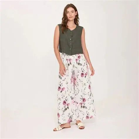 PISTACHE 100% Linen Pallazo  Pant, Color: English Garden, Size: XS