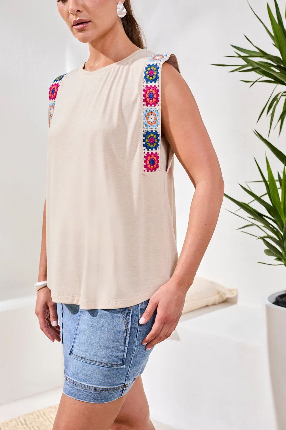 TRIBAL Sleeveless Top w/Crochet Detail, Color: Oatmeal, Size: XS