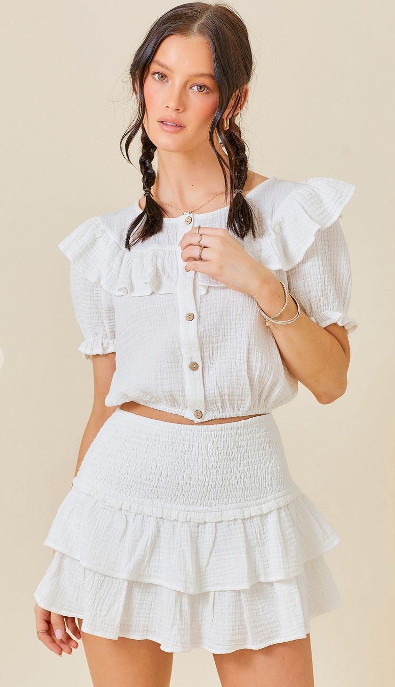 smocked ruffle mini skirt- white