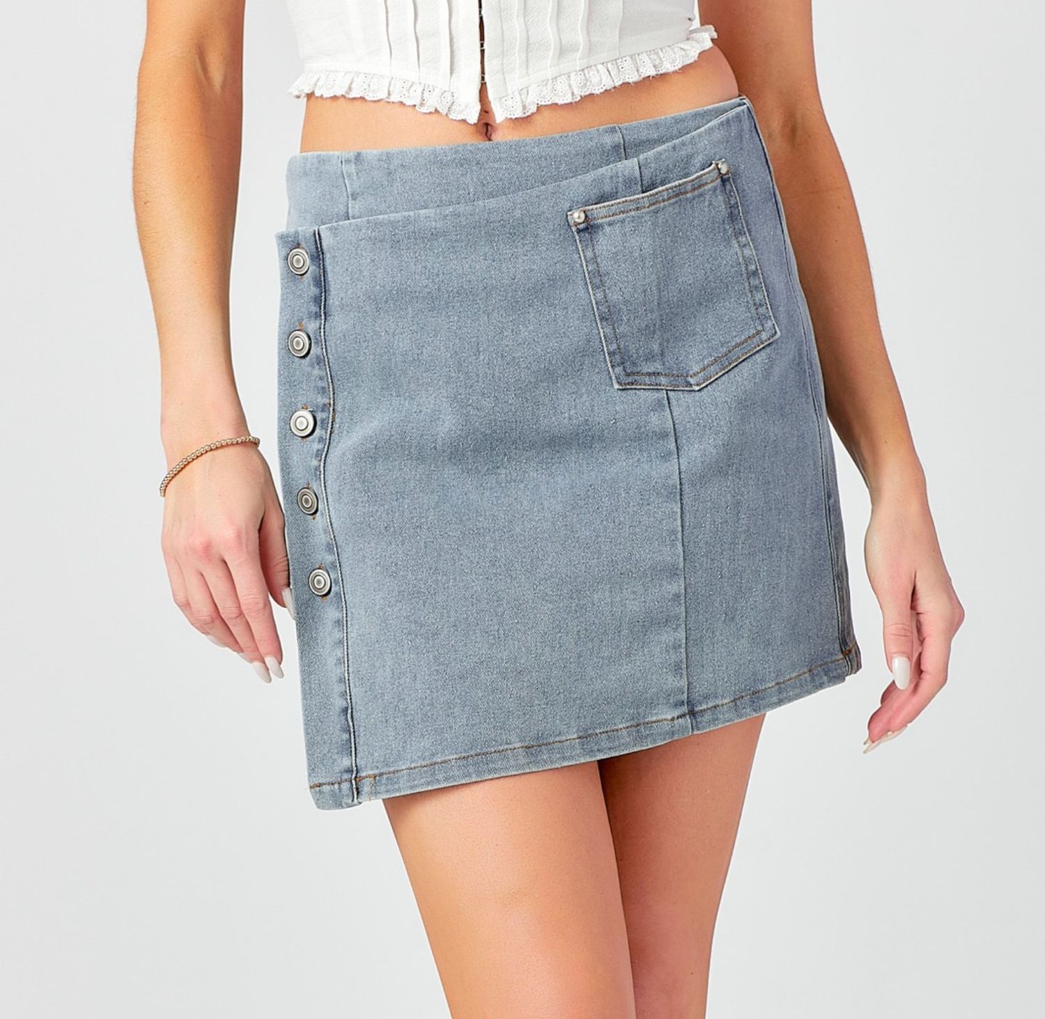 wrapped denim mini skirt