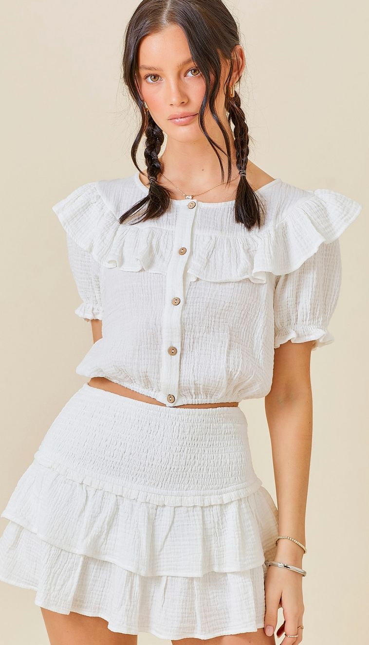round neck ruffle crop top- white