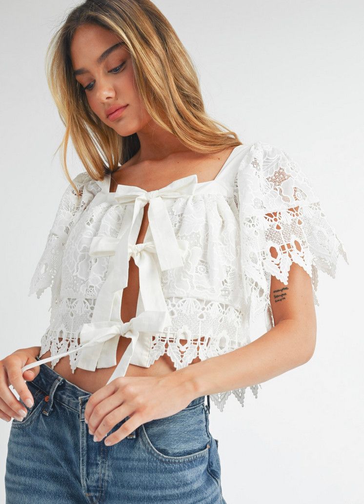 lace bow top- off white