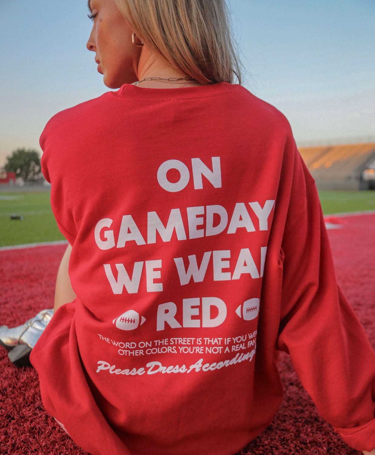gamedays we wear red sweatshirt