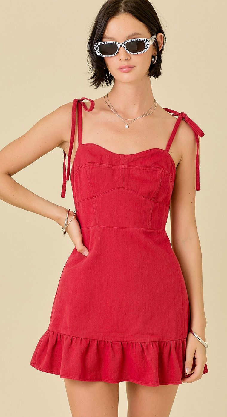 go team denim dress- red