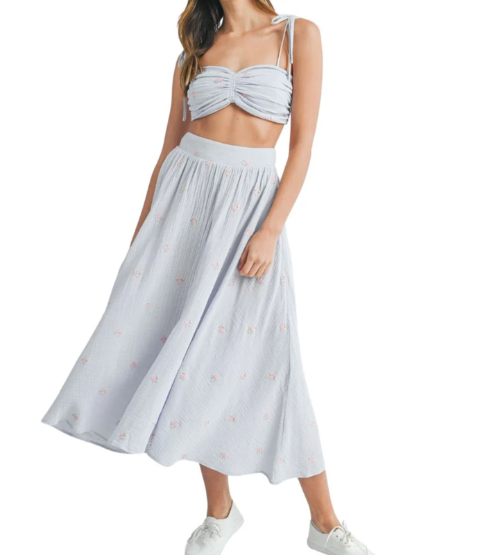 heart crop top / midi skirt set- blue