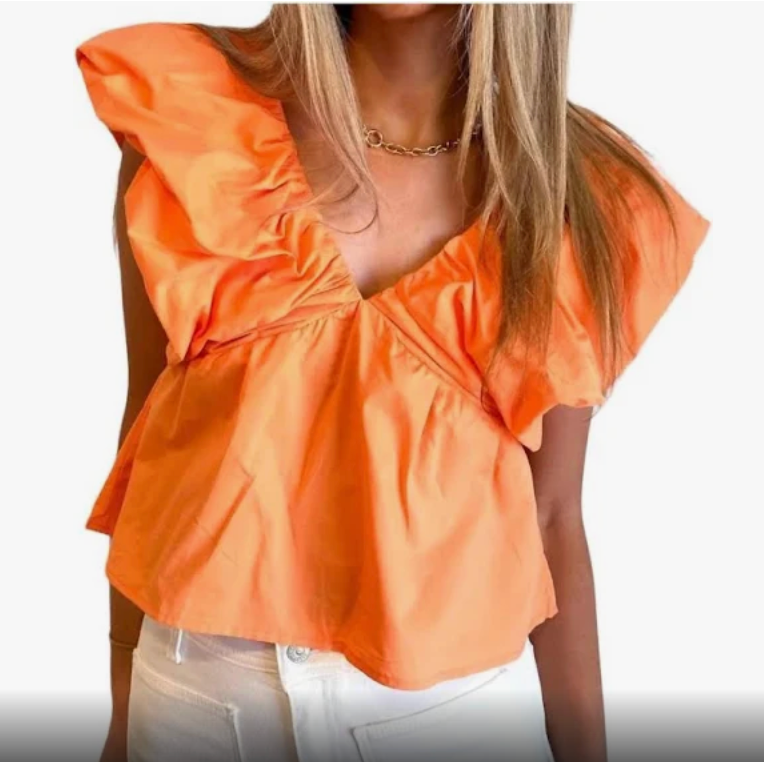 ruffle sleeve top- cantaloupe