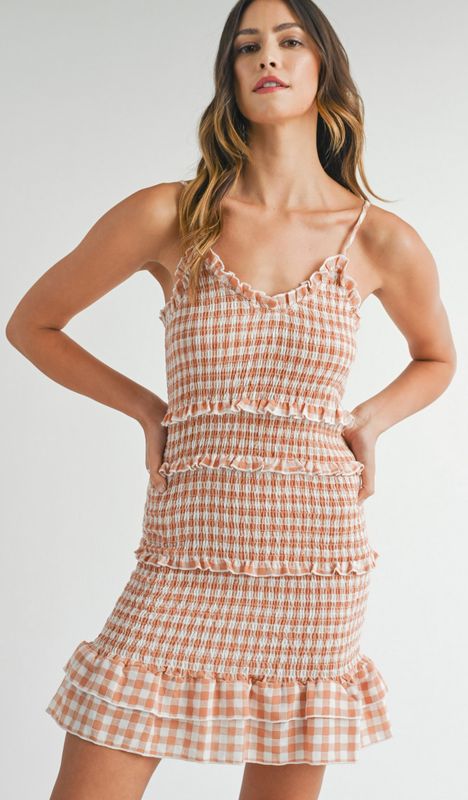gingham smocked mini dress