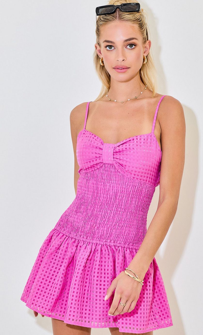 smocked gingham tieback dress- peony