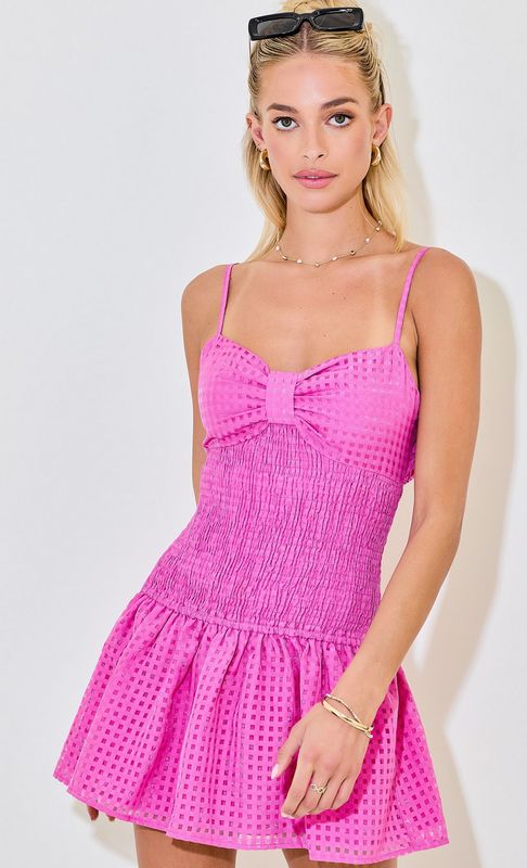 smocked gingham tieback dress- peony