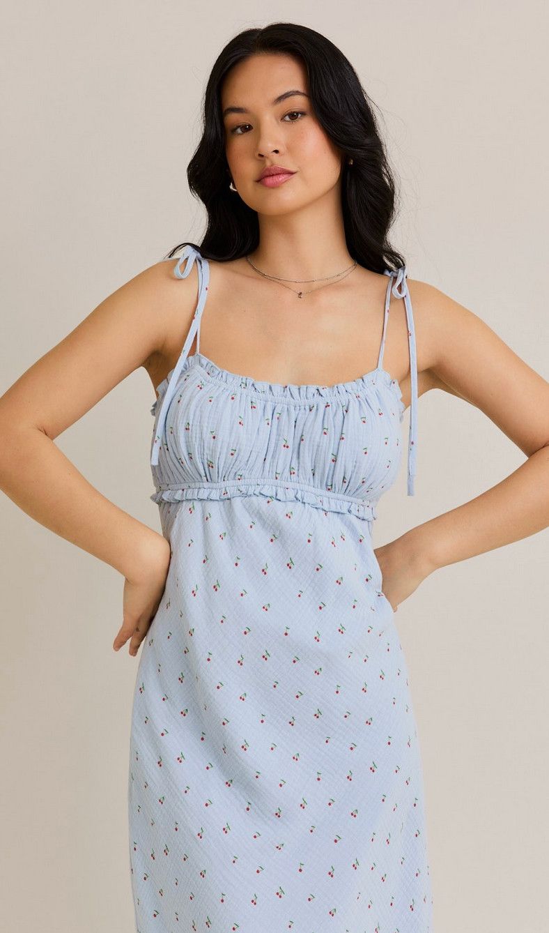 cherry print midi dress- lt blue