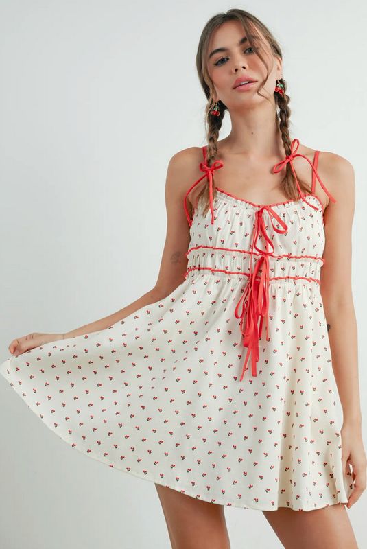 front tie mini dress- red/ivory