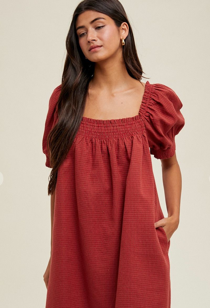 grid line mini dress- red/camel
