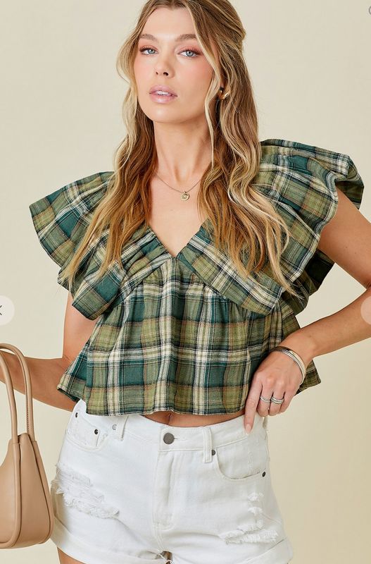 ruffled crop plaid top