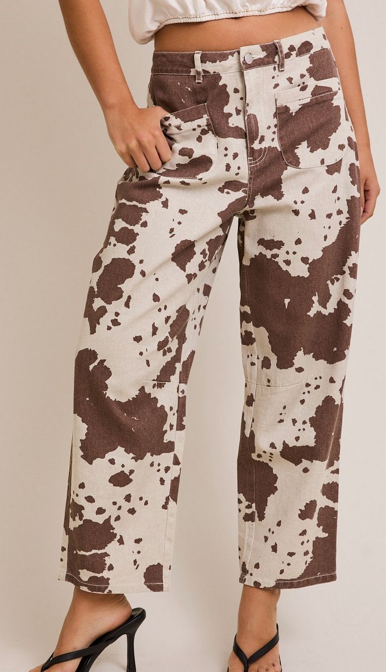 cow print barrel jean