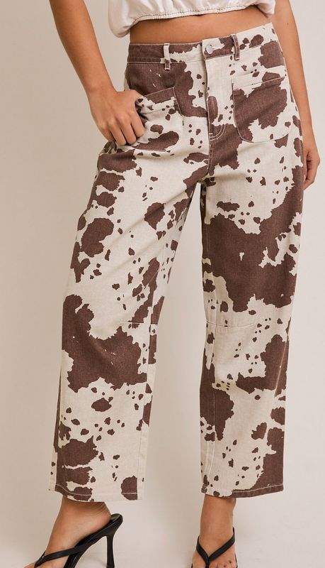 cow print barrel jean