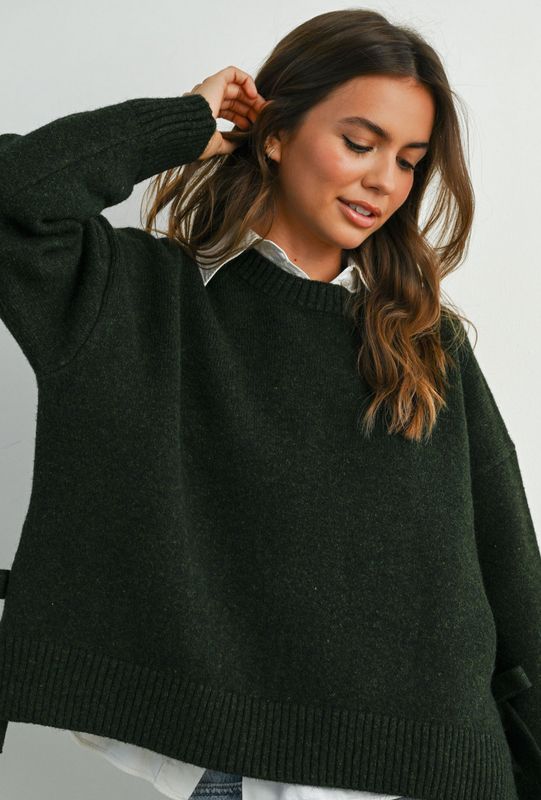 split hem bow sweater- olive