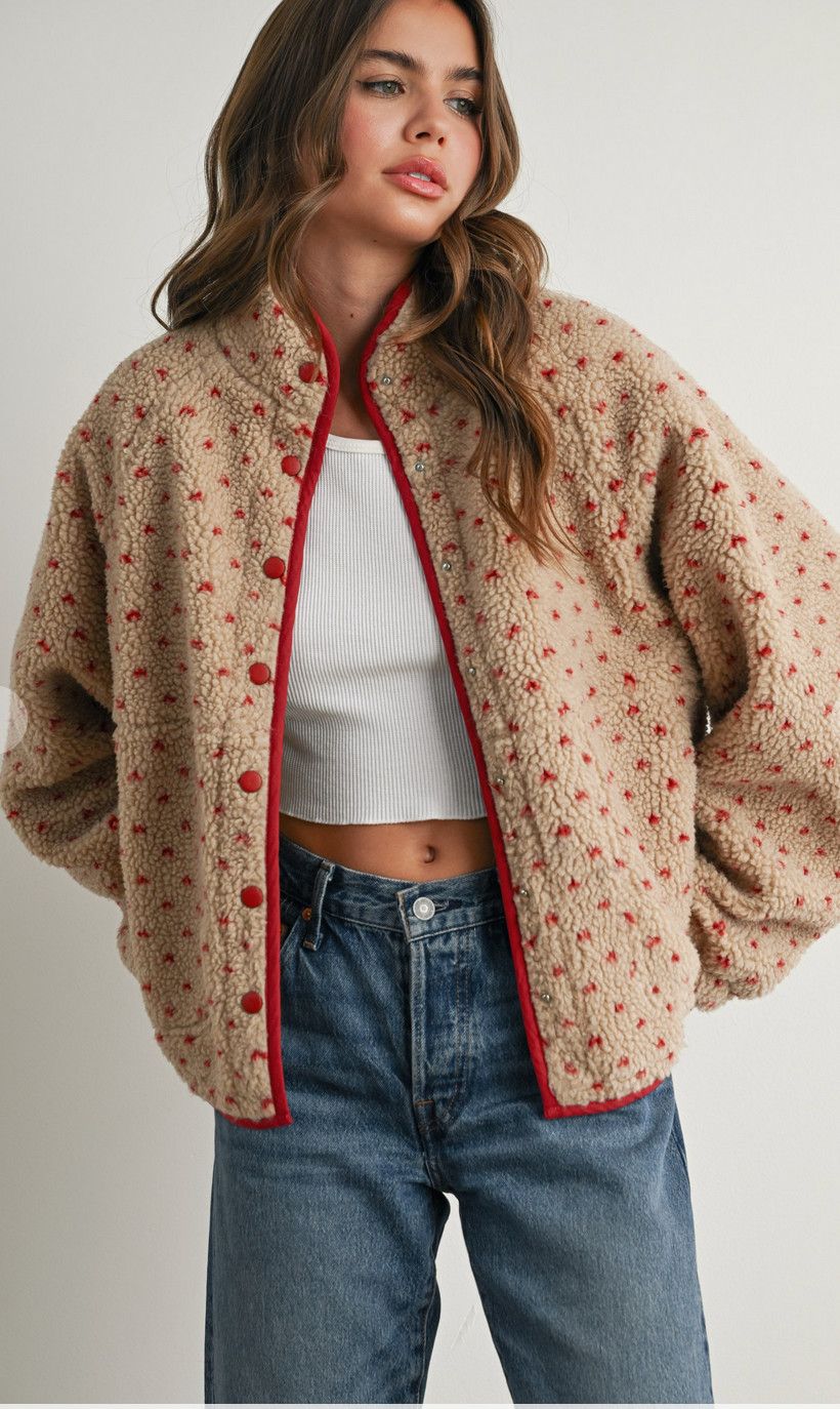 fleece puffer- taupe/red