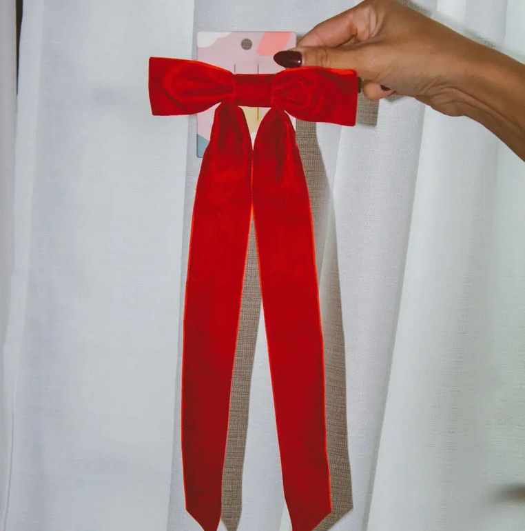 velvet long bow barrette- red