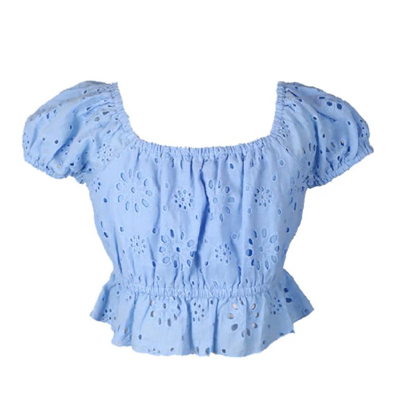 eyelet puff sleeve top- blue