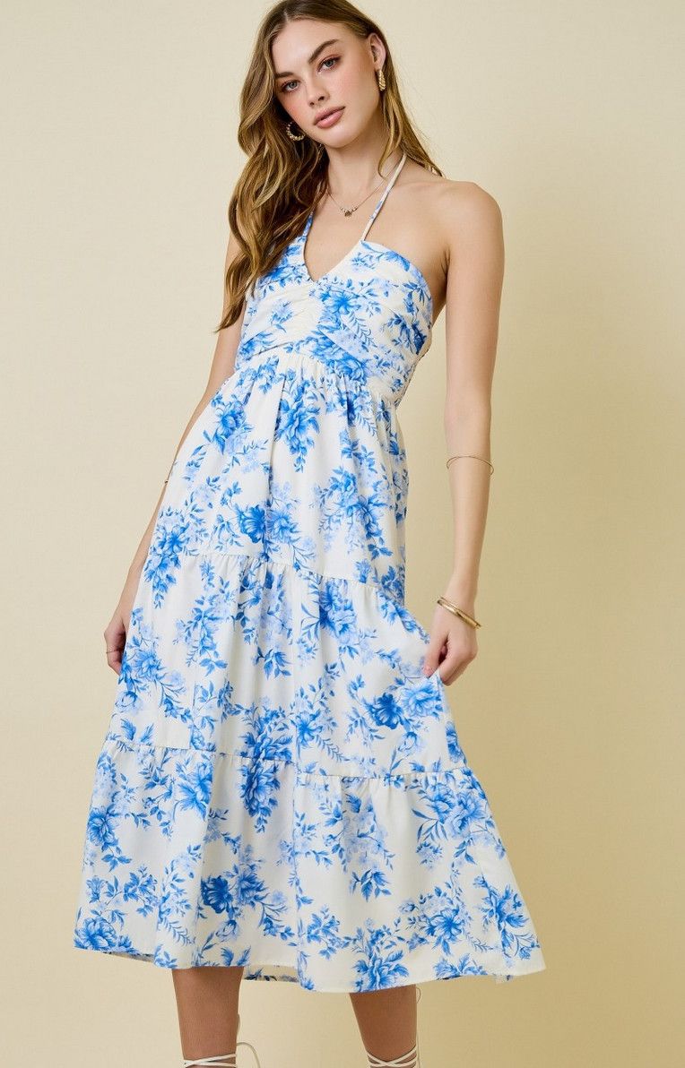 floral halter midi dress- blue