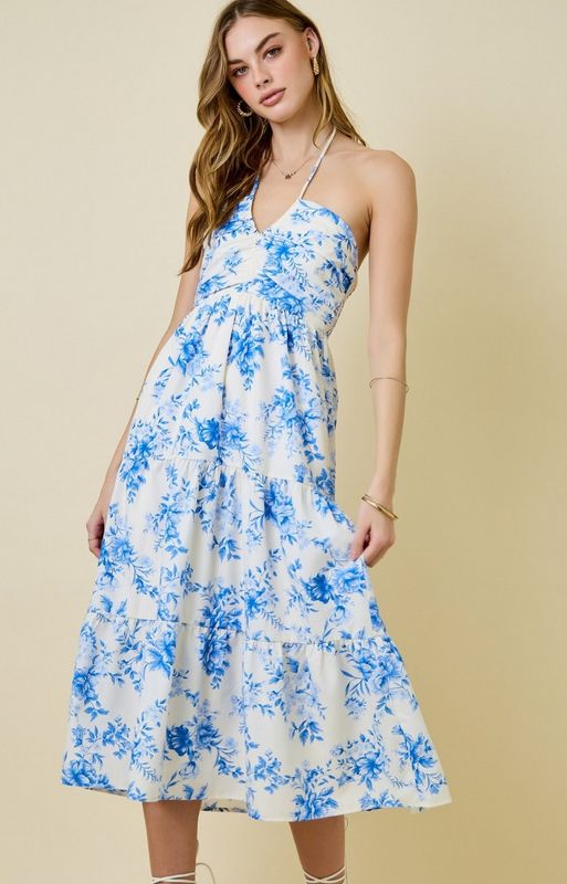 floral halter midi dress- blue