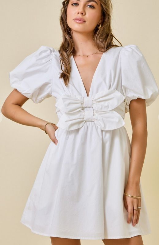 bubble slv bow dress- white