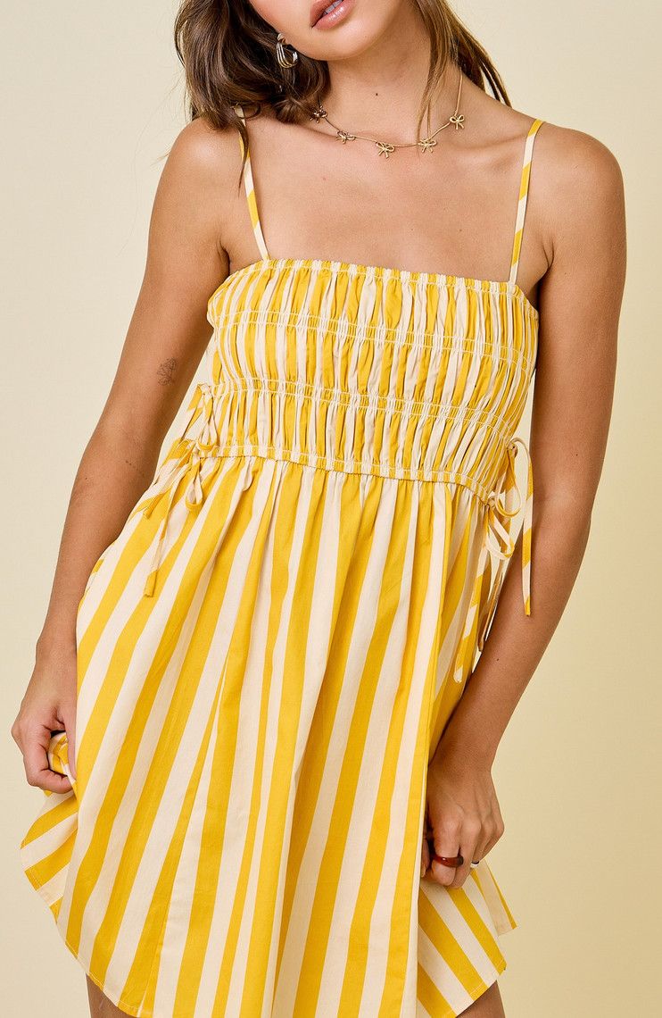 smocked tie dress mini- yellow