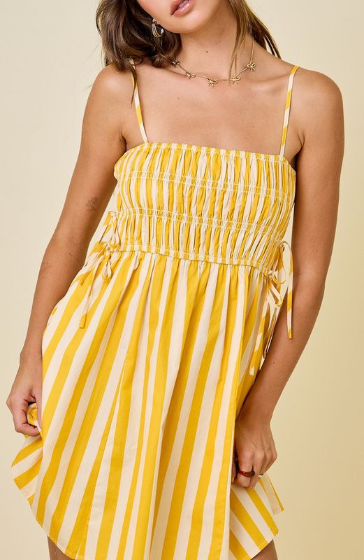 smocked tie dress mini- yellow