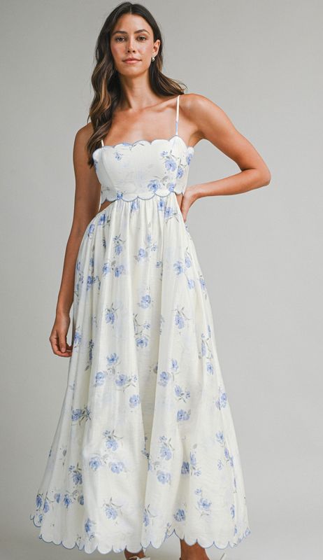scallop embroidered midi dress- blue