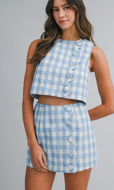 gingham scallop set- blue